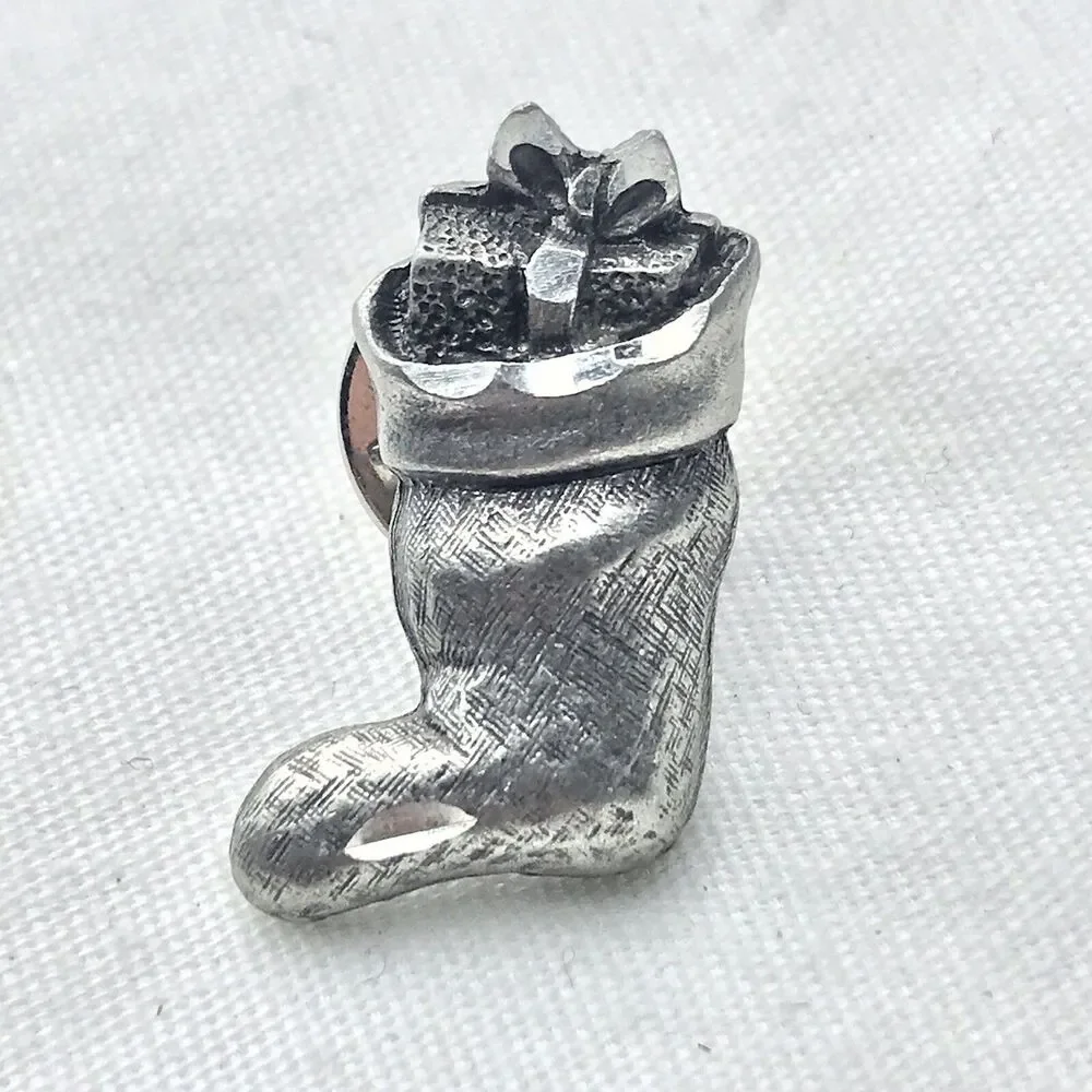 Christmas Stocking Vintage Pin Pewter Holiday Brooch
